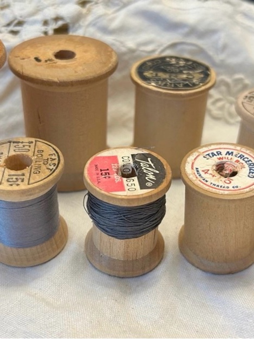 Vintage Wooden Thread Spool - Neutral Wood & Gray Threads